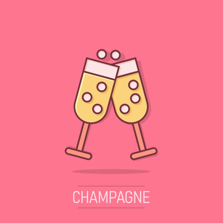 Champagne glass icon in comic style. Alcohol drink vector cartoon illustration on isolated background. Cocktail splash effect business concept.のイラスト素材