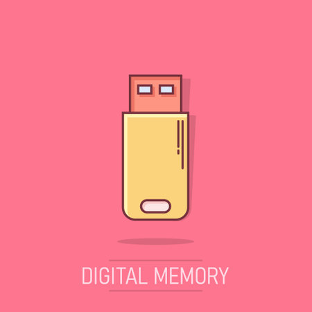 Usb drive icon in comic style. Flash disk vector cartoon illustration on isolated background. Digital memory splash effect business concept.のイラスト素材