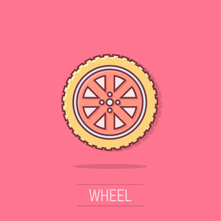 Car wheel icon in comic style. Vehicle part cartoon vector illustration on isolated background. Tyre splash effect business concept.のイラスト素材