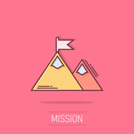 Mission champion icon in comic style. Mountain cartoon vector illustration on isolated background. Leadership splash effect business concept.のイラスト素材