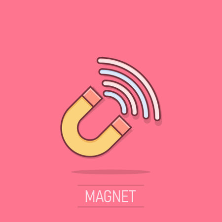 Magnet icon in comic style. Attract cartoon vector illustration on isolated background. Electromagnetic splash effect business concept.のイラスト素材