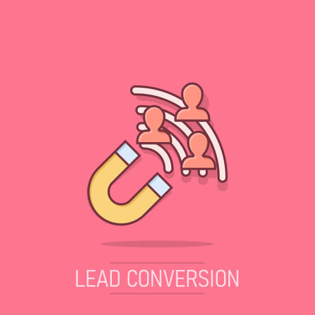 Lead conversion icon in comic style. Attract cartoon vector illustration on isolated background. Magnet splash effect business concept.のイラスト素材