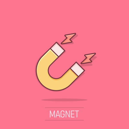 Magnet icon in comic style. Attract cartoon vector illustration on isolated background. Electromagnetic splash effect business concept.のイラスト素材