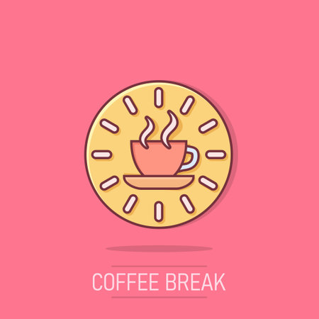 Coffee break icon in comic style. Clock with tea cup cartoon vector illustration on isolated background. Breakfast time splash effect business concept.のイラスト素材