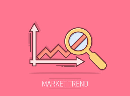 Market trend icon in comic style. Growth arrow with magnifier cartoon vector illustration on isolated background. Increase splash effect business concept.のイラスト素材