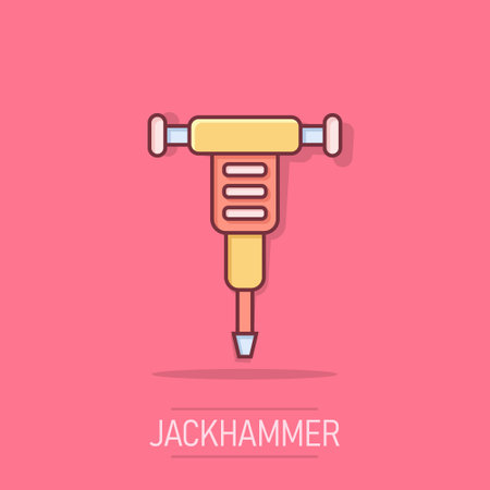 Jackhammer icon in comic style. Demolish package vector illustration on isolated background. Destroy splash effect business concept.のイラスト素材