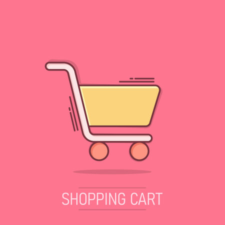 Shopping cart icon in comic style. Trolley cartoon vector illustration on isolated background. Basket splash effect business concept.のイラスト素材