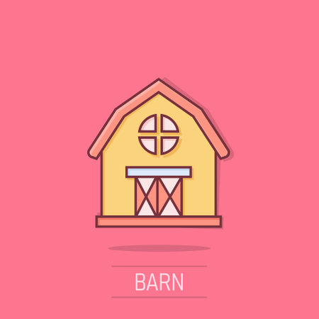 Barn icon in comic style. Farm house cartoon vector illustration on isolated background. Agriculture storehouse splash effect business concept.のイラスト素材