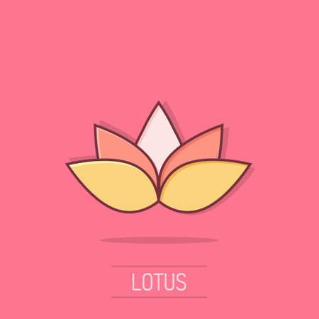 Lotus icon in comic style. Flower leaf cartoon vector illustration on white isolated background. Blossom plant splash effect business concept.のイラスト素材
