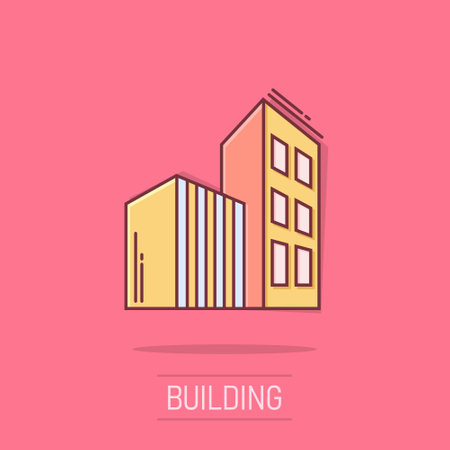 Building icon in comic style. Skyscraper cartoon vector illustration on white isolated background. Architecture splash effect business concept.のイラスト素材