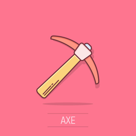 Axe icon in comic style. Lumberjack cartoon vector illustration on white isolated background. Blade splash effect business concept.のイラスト素材