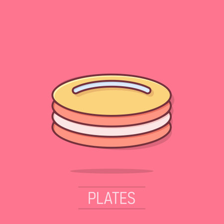 Plate icon in comic style. Dish cartoon vector illustration on white isolated background. Tableware splash effect business concept.のイラスト素材