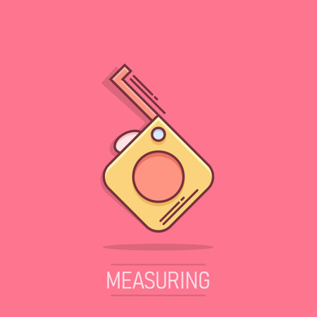 Measure tape icon in comic style. Ruler cartoon sign vector illustration on white isolated background. Meter splash effect business concept.のイラスト素材