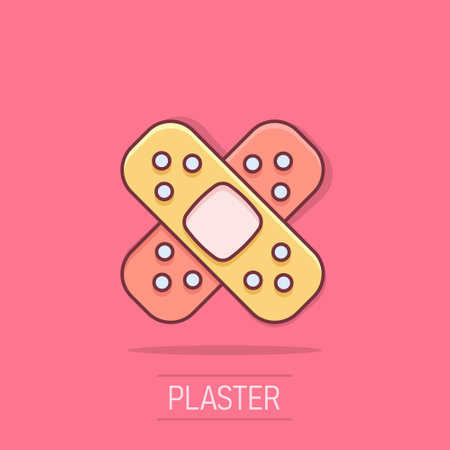 Bandage icon in comic style. Plaster cartoon vector illustration on white isolated background. First aid kit splash effect business concept.のイラスト素材