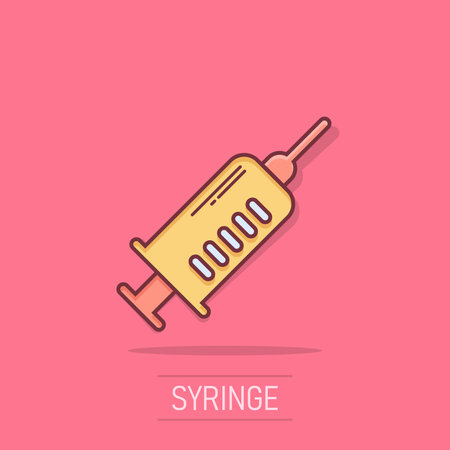Syringe icon in comic style. Inject needle cartoon vector illustration on white isolated background. Drug dose splash effect business concept.のイラスト素材