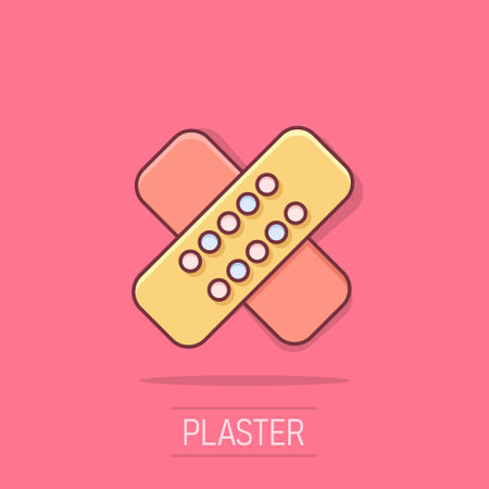 Bandage icon in comic style. Plaster cartoon vector illustration on white isolated background. First aid kit splash effect business concept.のイラスト素材