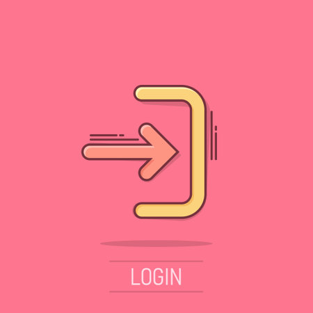 Login icon in comic style. Arrow access cartoon vector illustration on white isolated background. Door entry splash effect business concept.のイラスト素材