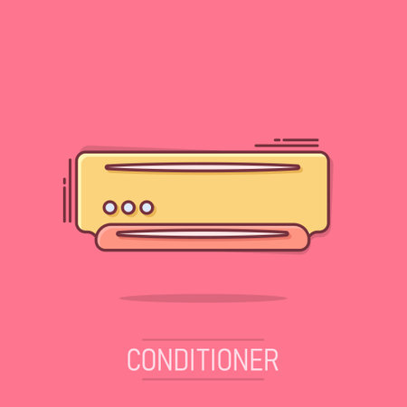 Conditioner icon in comic style. Cooler cartoon vector illustration on isolated background. Cold climate splash effect business concept.のイラスト素材