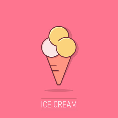 Ice cream icon in comic style. Sundae cartoon vector illustration on isolated background. Sorbet dessert splash effect business concept.のイラスト素材