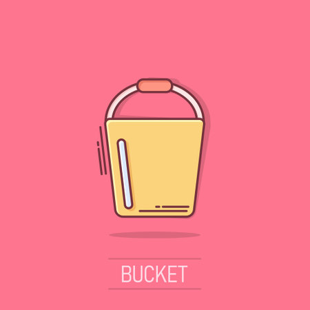 Bucket icon in comic style. Garbage pot cartoon vector illustration on white isolated background. Pail splash effect business concept.のイラスト素材
