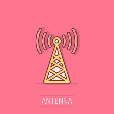 Antenna tower icon in comic style. Broadcasting cartoon vector illustration on isolated background. Wifi splash effect business concept.のイラスト素材