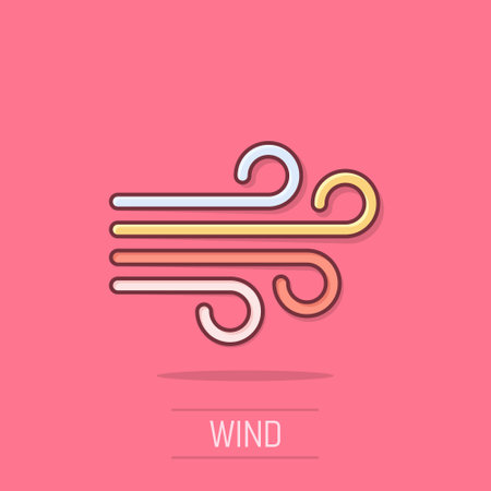 Wind icon in comic style. Air cartoon vector illustration on isolated background. Breeze splash effect business concept.のイラスト素材