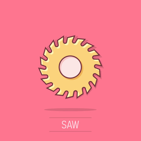 Saw blade icon in comic style. Circular machine cartoon vector illustration on isolated background. Rotary disc splash effect business concept.のイラスト素材