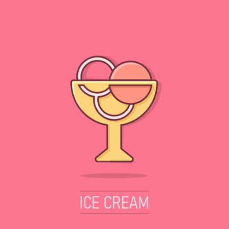 Ice cream icon in comic style. Sundae cartoon vector illustration on isolated background. Sorbet dessert splash effect business concept.のイラスト素材