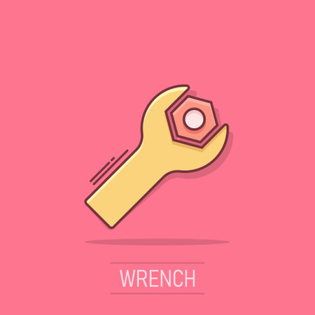 Wrench icon in comic style. Spanner key cartoon vector illustration on isolated background. Repair equipment splash effect business concept.のイラスト素材