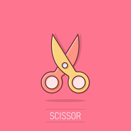 Scissor icon in comic style. Cut equipment cartoon vector illustration on isolated background. Cutter splash effect business concept.のイラスト素材