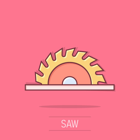 Saw blade icon in comic style. Circular machine cartoon vector illustration on isolated background. Rotary disc splash effect business concept.のイラスト素材