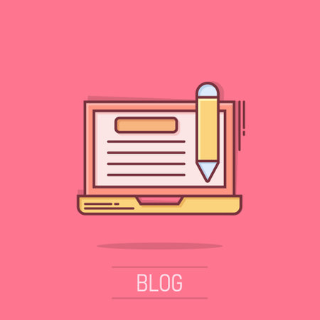 Blogging icon in comic style. Social media communication cartoon vector illustration on isolated background. Content splash effect business concept.のイラスト素材
