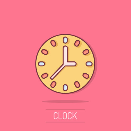 Clock icon in comic style. Watch cartoon vector illustration on isolated background. Timer splash effect business concept.のイラスト素材