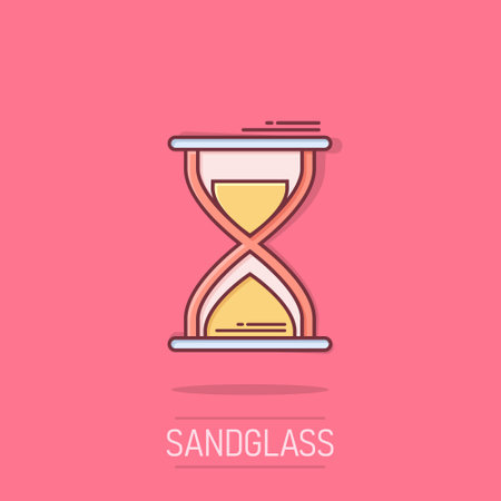 Hourglass icon in comic style. Sandglass cartoon vector illustration on isolated background. Clock splash effect business concept.のイラスト素材