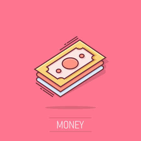 Money stack icon in comic style. Exchange cash cartoon vector illustration on isolated background. Banknote bill splash effect business concept.のイラスト素材