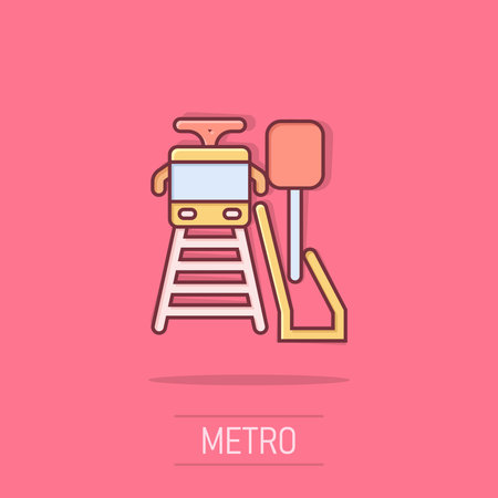 Metro station icon in comic style. Train subway cartoon vector illustration on isolated background. Railroad cargo splash effect business concept.のイラスト素材