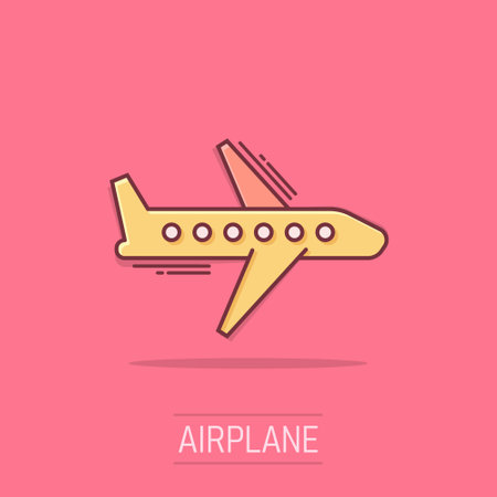 Plane icon in comic style. Airplane cartoon vector illustration on isolated background. Flight airliner splash effect business concept.のイラスト素材