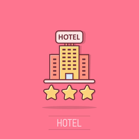 Hotel 3 stars sign icon in comic style. Inn building cartoon vector illustration on isolated background. Hostel room splash effect business concept.のイラスト素材
