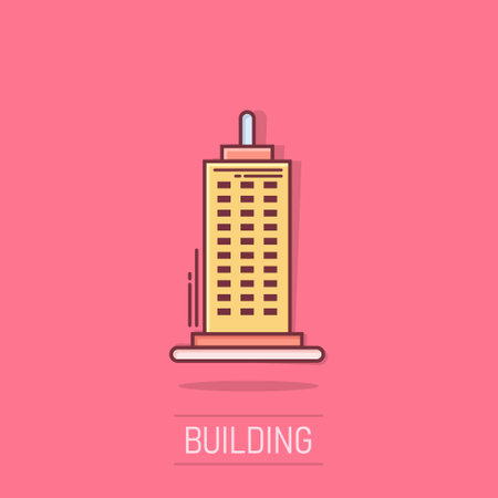 Building icon in comic style. Town skyscraper apartment cartoon vector illustration on isolated background. City tower splash effect business concept.のイラスト素材