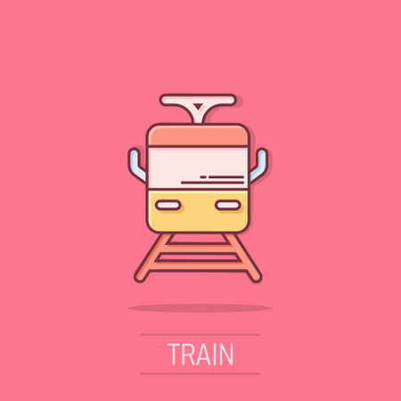 Metro icon in comic style. Train subway cartoon vector illustration on isolated background. Railroad cargo splash effect business concept.のイラスト素材