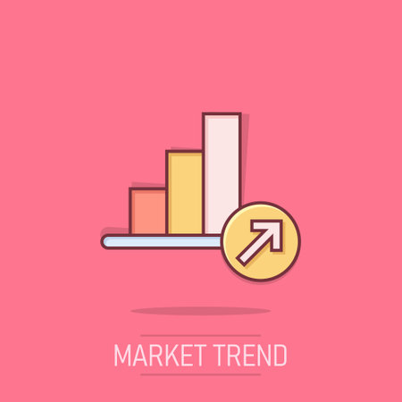 Market trend icon in comic style. Growth arrow with magnifier cartoon vector illustration on isolated background. Increase splash effect business concept.のイラスト素材