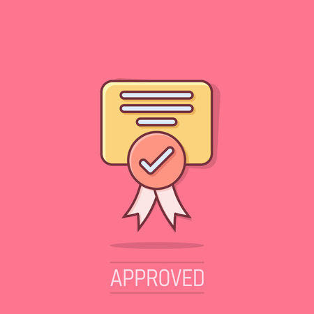 Approve certificate icon in comic style. Document check mark cartoon vector illustration on isolated background. Approval choice splash effect business concept.のイラスト素材