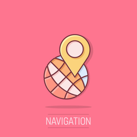 Global navigation icon in comic style. Globe pin gps cartoon vector illustration on isolated background. Planet direction splash effect business concept.のイラスト素材