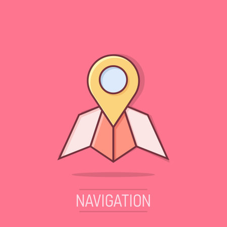 Map pin icon in comic style. GPS navigation cartoon vector illustration on isolated background. Locate position splash effect business concept.のイラスト素材