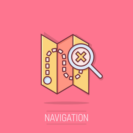 Map pin icon in comic style. GPS navigation cartoon vector illustration on isolated background. Locate position splash effect business concept.のイラスト素材