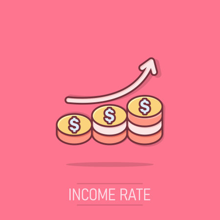 Income rate increase icon in comic style. Finance performance cartoon vector illustration on isolated background. Coin with growth arrow splash effect business concept.のイラスト素材