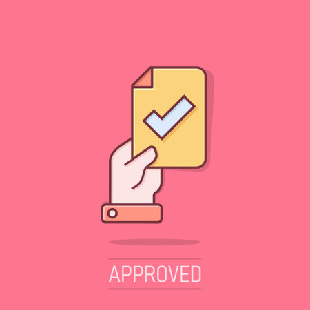 People hand with check mark icon in comic style. Accept cartoon vector illustration on isolated background. Approval choice splash effect business concept.のイラスト素材