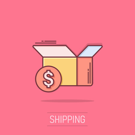 Shipping box with dollar icon in comic style. Container cartoon vector illustration on isolated background. Cardboard package splash effect business concept.のイラスト素材