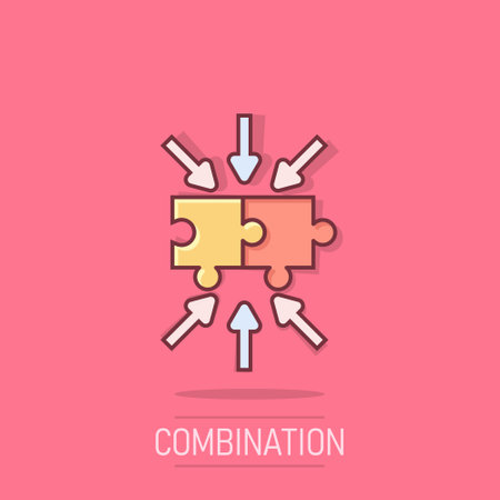 Puzzle jigsaw icon in comic style. Solution compatible cartoon vector illustration on isolated background. Combination splash effect business concept.のイラスト素材
