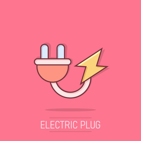 Electric plug icon in comic style. Power adapter cartoon vector illustration on isolated background....